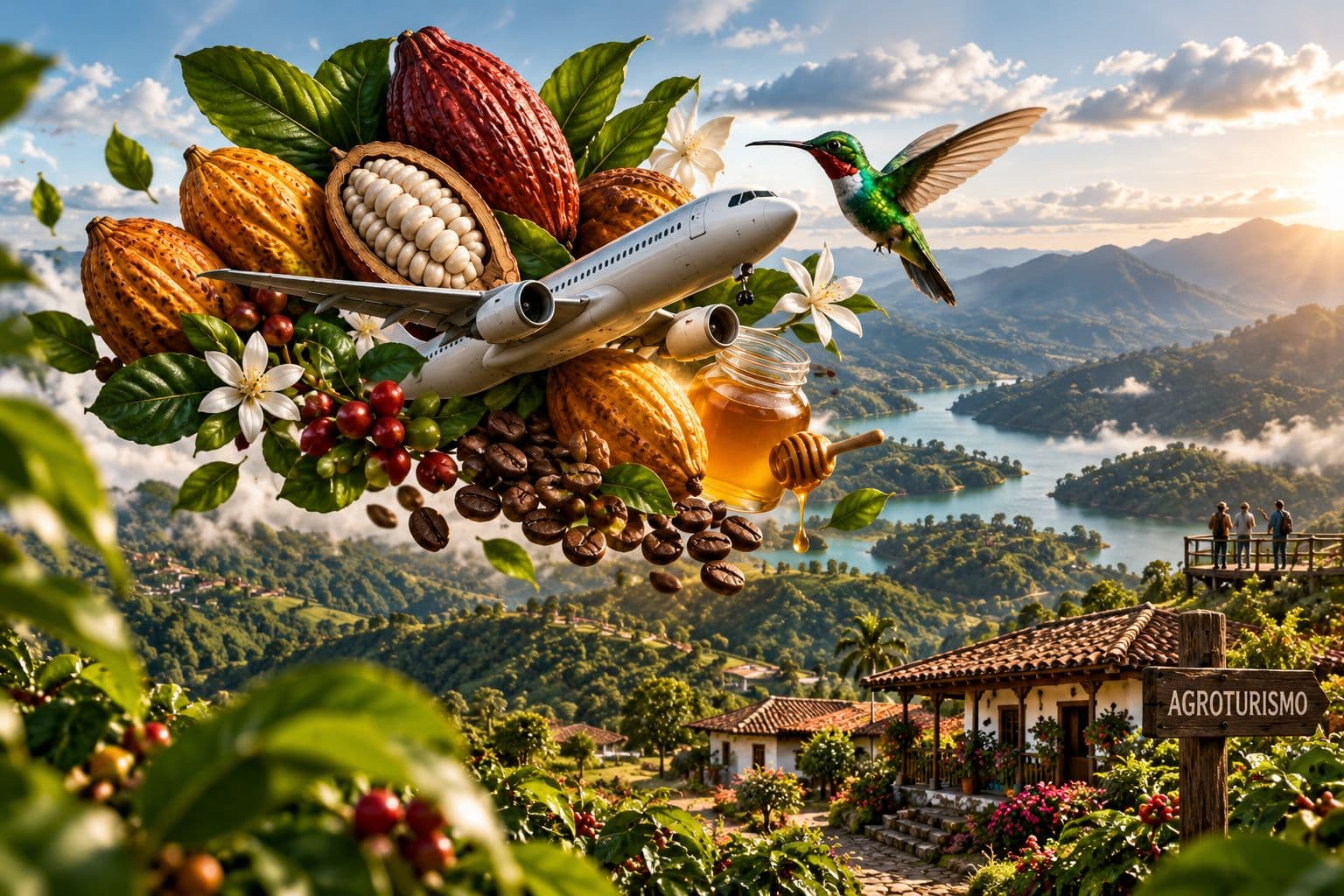 Paisaje de Boyacá con pueblo, productos del campo y letrero de agroturismo
