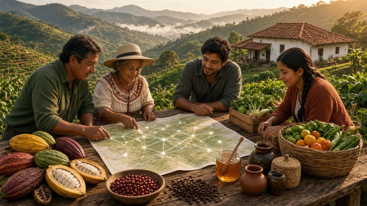 Productores de la red FABTA reunidos alrededor de un mapa de Boyacá, con cacao, café y cosecha de la región