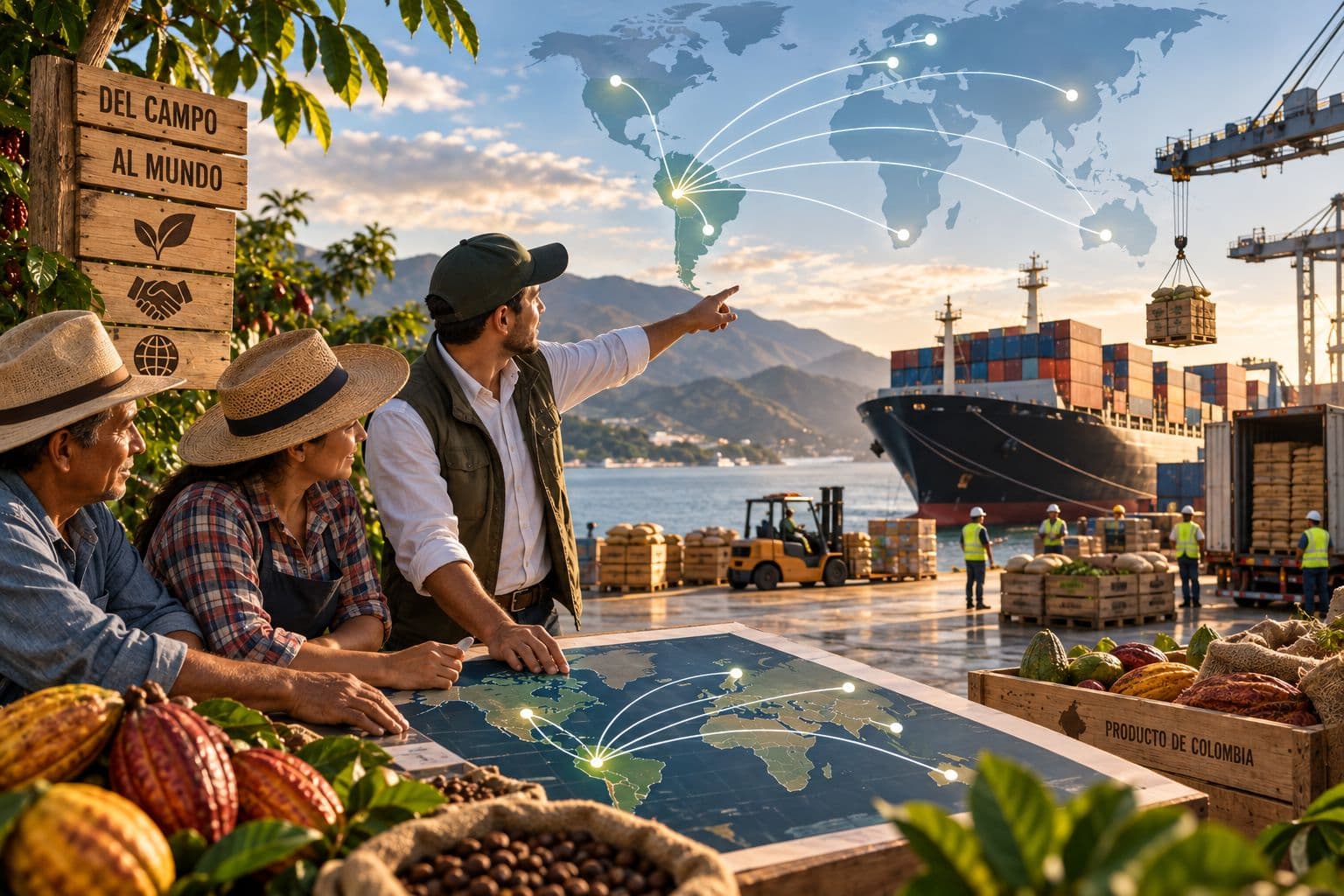 Productores frente a un mapa mundial y un puerto de exportación de cacao